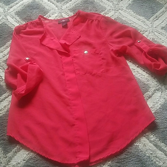 Sheer Red Flowy Tunic Style Blouse - Picture 2 of 8